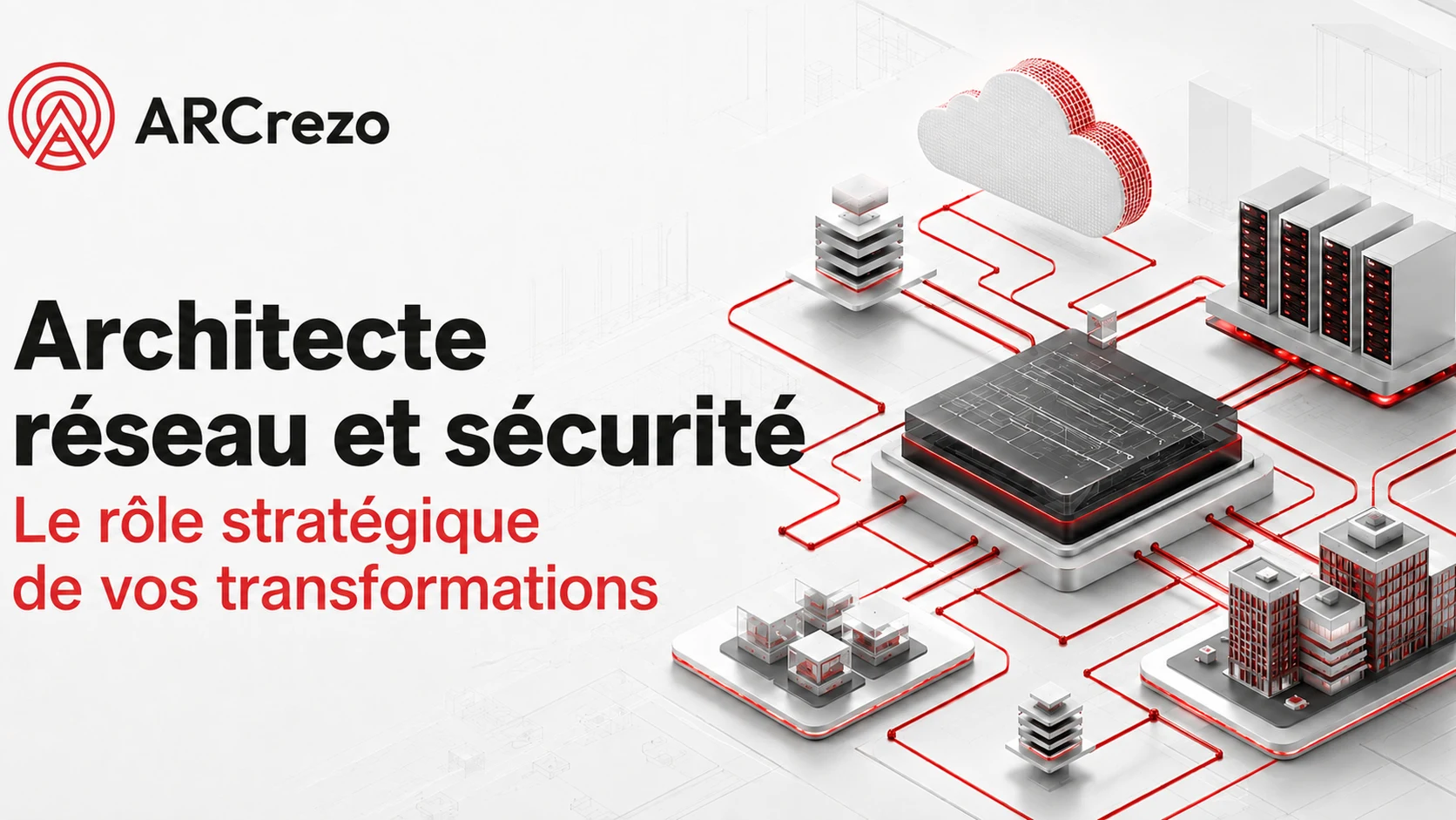 Illustration of a network and security architecture linking cloud, datacenters, and company sites, symbolizing the strategic role of the network and security architect.