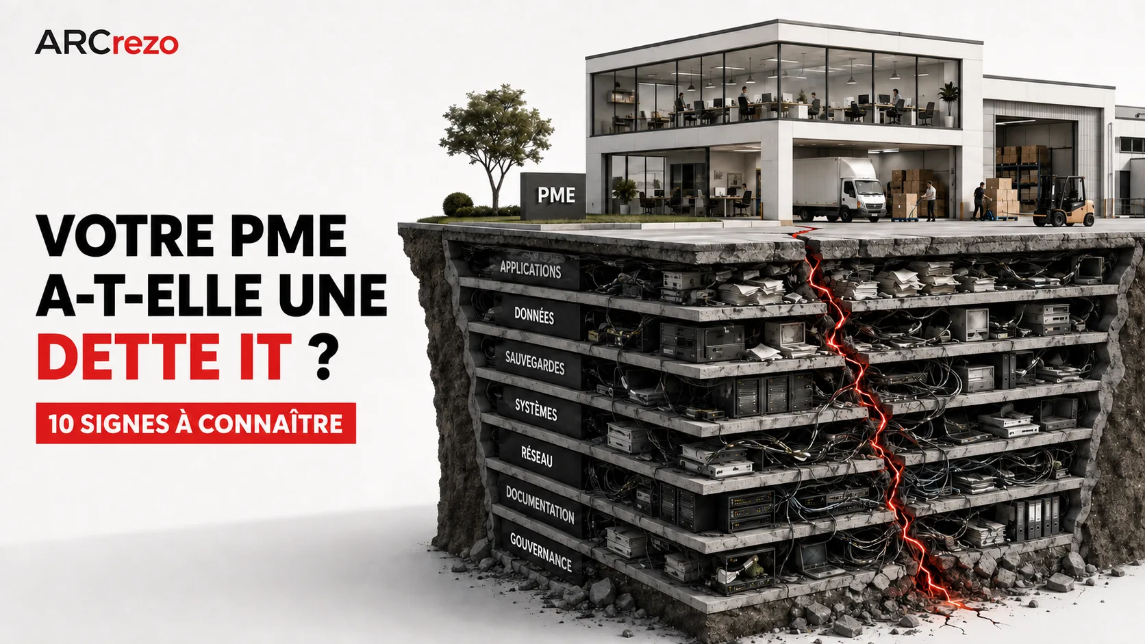 PME dont l'infrastructure informatique repose sur plusieurs couches de dette : applications, données, sauvegardes, systèmes, réseau, documentation et gouvernance.
