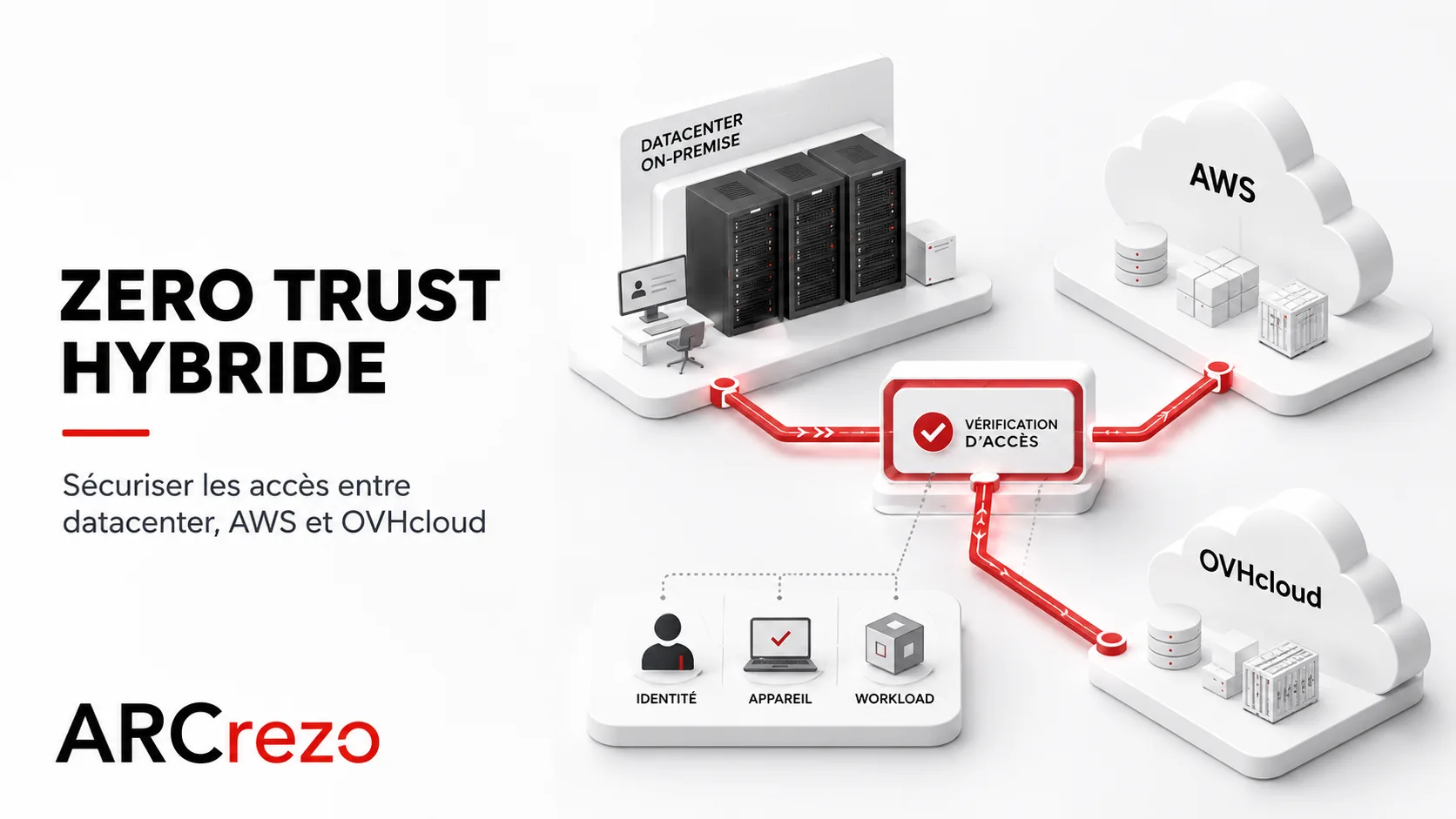 Schéma d'architecture Zero Trust hybride avec vérification d'accès centralisée entre un datacenter on-premise, AWS et OVHcloud, basée sur l'identité, l'appareil et le workload.